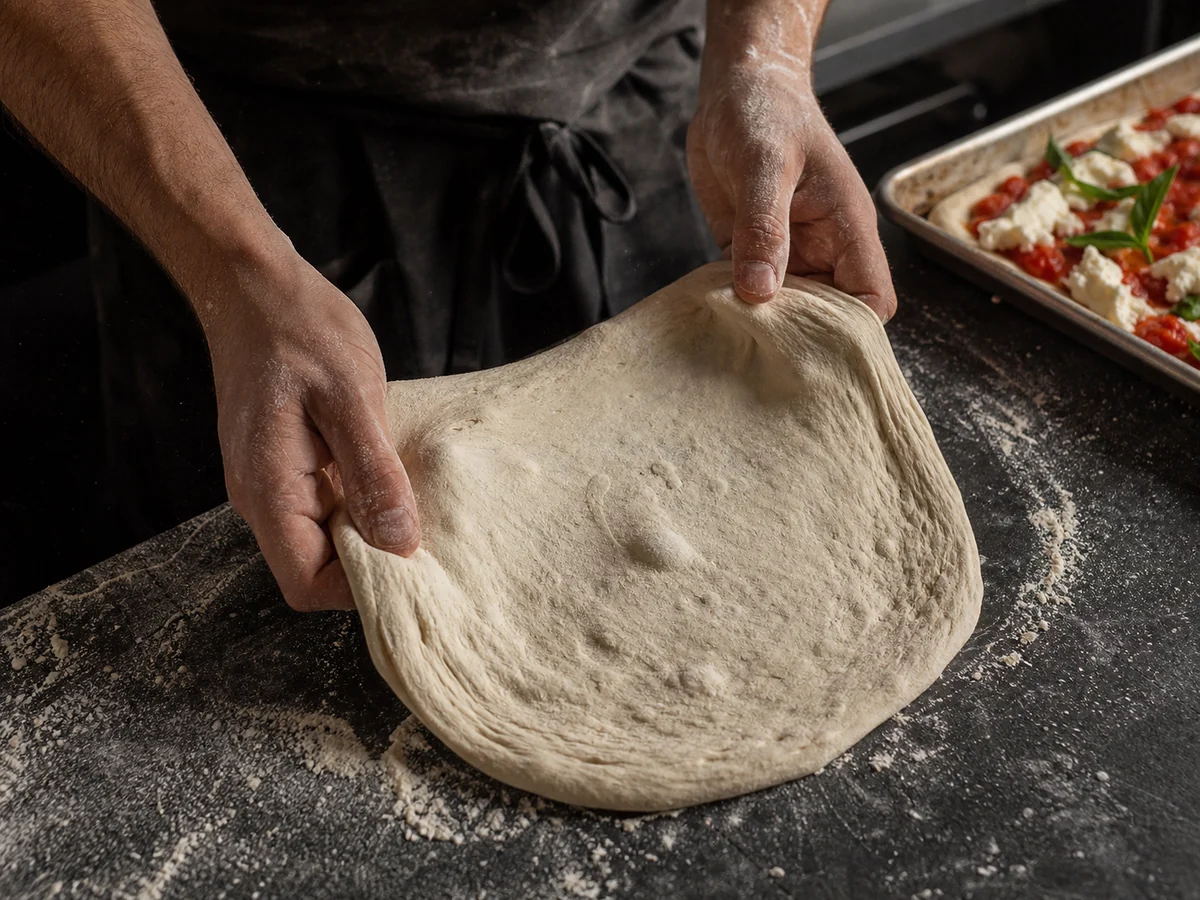 Hænder former en langtidshævet pizzadej på et melstrøet bord